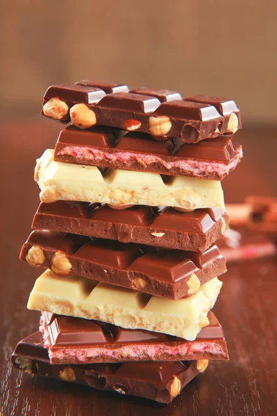 Mélange Morceaux Chocolat Sur Table Gros Plan — Photo