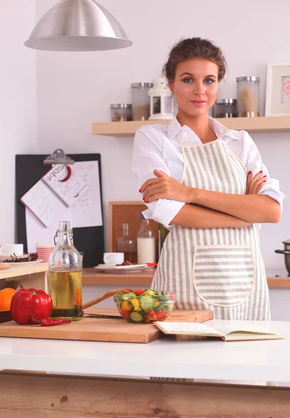 Smiling Woman Kitchen Isolated Christmas Background — Stock Photo, Image