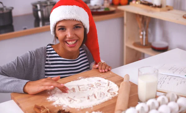 Christmas Baking Santa Woman Smiling Happy Having Fun Christmas Preparations — Stock Photo, Image