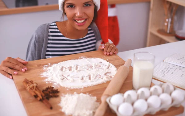 Christmas Baking Santa Woman Smiling Happy Having Fun Christmas Preparations — Stock Photo, Image