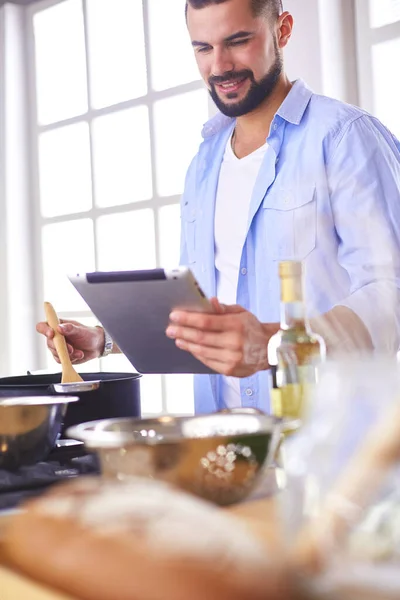 Man Recipe Digital Tablet Cooking Tasty Healthy Food Kitchen Home — Stock Photo, Image