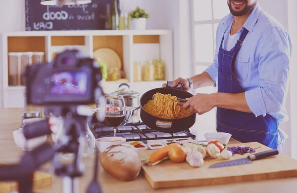 Man Holding Paper Bag Full Groceries Kitchen Background Shopping Healthy — Stock Photo, Image