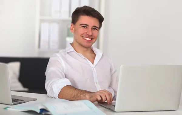 Young Man Sitting Chair Working Laptop Computer — Stock Photo, Image
