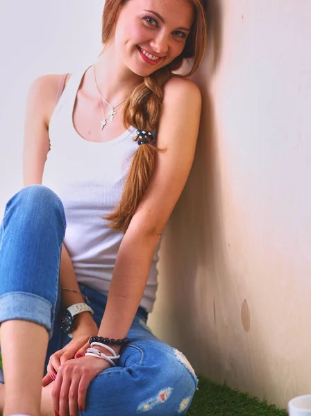 Young Woman Sitting Book Grass — Stock Photo, Image