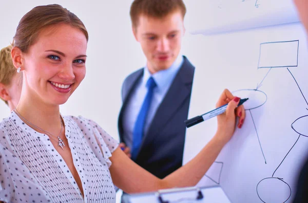 Businesswoman Writing Flipchart While Giving Presentation Colleagues Office — Stock Photo, Image