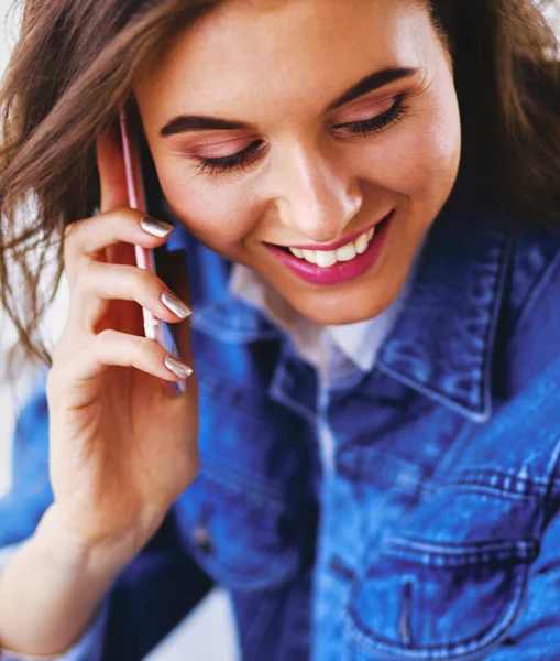 Young Woman Cafe Drinking Coffee Talking Mobile Phone — Stock Photo, Image