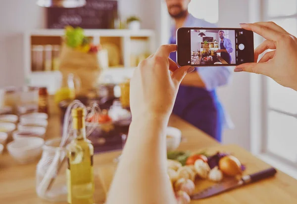 Portrait Handsome Man Filming Cooking Show Blog — Stock Photo, Image