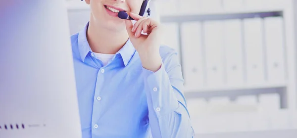 Serious Pretty Young Woman Working Support Phone Operator Headset Office — Stock Photo, Image