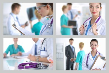 Kadın doktor hastanede steteskopla dikiliyor. .