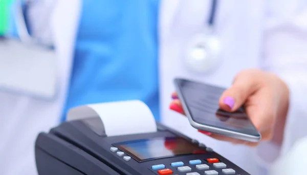 Doctor Holding Payment Terminal Hands Paying Health Care Doctor — Stock Photo, Image