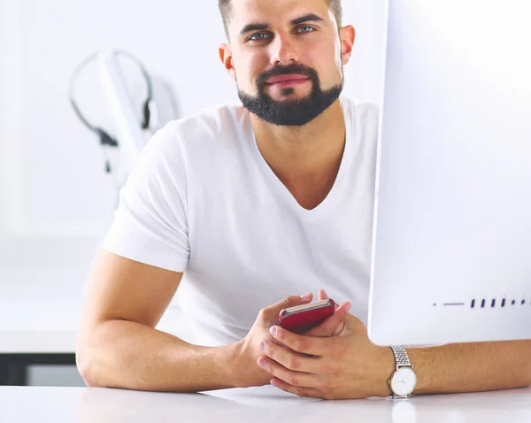 Geschäftsmann Büro Telefon Mit Headset Skype — Stockfoto