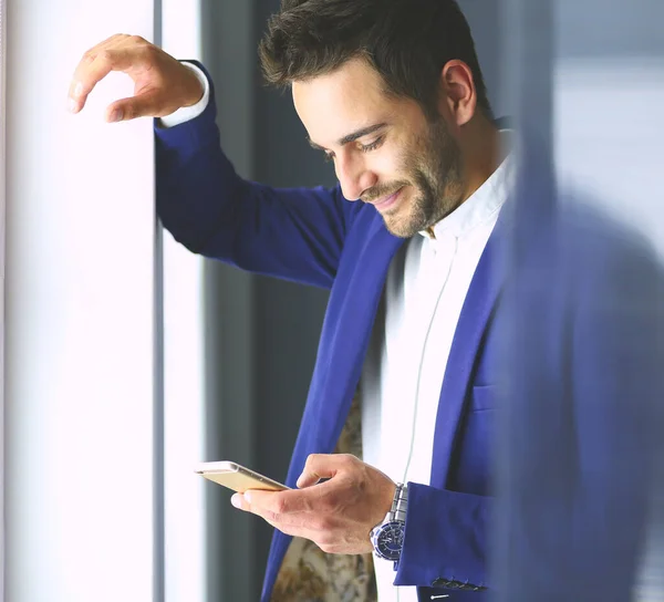 Business Man Suit Talking Phone Looking Away Window — Stock Photo, Image