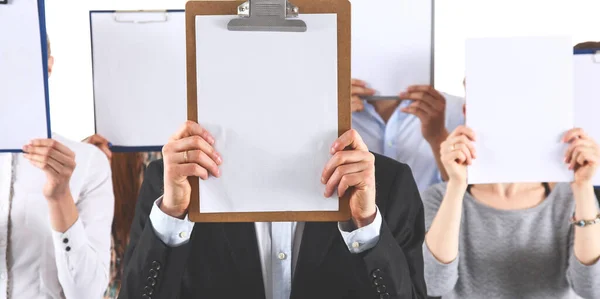 Team Businesspeople Holding Folders Face Isolated White Background — Stock Photo, Image