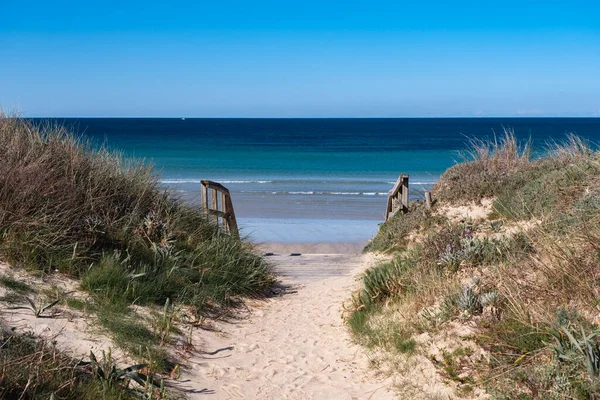 Strandduinen Met Houten Loopbrug Lanzada Strand Grove Galicië Spanje — Stockfoto