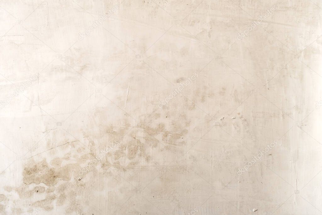 White lime washed wall plaster with damp stains, grunge background 