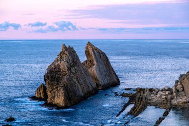 Eroded limestone sea stacks and abrasion platform in La Arnia, Costa Quebrada, Cantabria, Spain