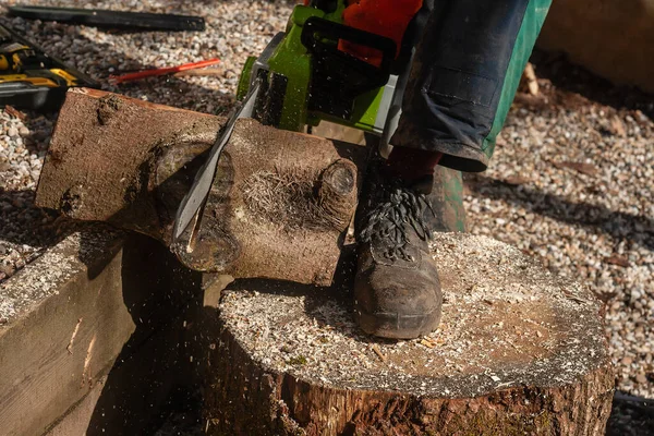 Professional Lumberjack Cutting Coppicing Logs Chainsaw Working Boots Protective Workwear — Stock Photo, Image