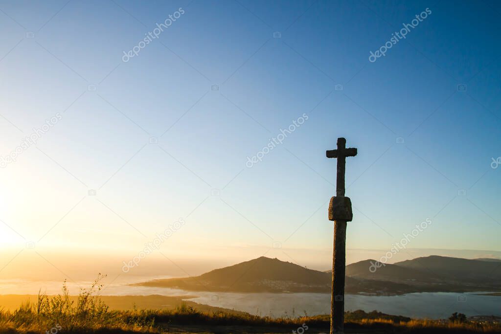 Calvary known as Cruzeiro de Santo Antao in northern Portugal with views on Minho river estuary and the border with Spain