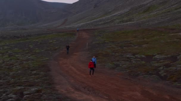 Turyści cieszący się oszałamiającą okolicą Islandii, spacerujący po surrealistycznym krajobrazie. Trekking odwiedzających zwiedzanie icelandyjskiego parku narodowego. Widok z lotu ptaka z powolnym obrotem kamery — Wideo stockowe