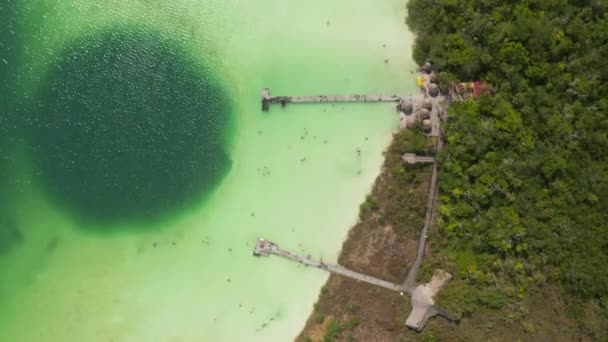 空中の鳥の目は、自然湖のエメラルドグリーンの水で泳いだりリラックスしたりする人々の下降ビューの上にオーバーヘッド。Kaan Luum lagon, Tulum, Yucatan, Mexico — ストック動画