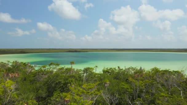 Voorwaarts vliegen boven tropisch bos, onthullen prachtige natuurlijke schat. Mensen zwemmen in pastelgroen meer. Kaan Luum lagune, Tulum, Yucatan, Mexico — Stockvideo