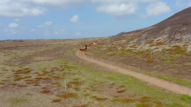 Flygfoto efter man gör motocross över kullen på Island. Drönare syn på cyklist ridning på grusväg bland bergen — Stockvideo
