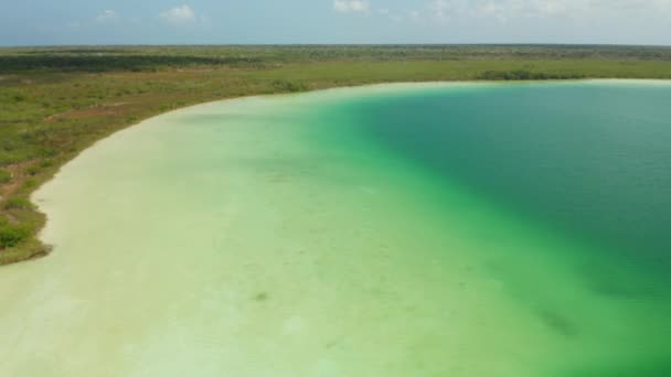 Dopředu létají nad břehem Smaragdově zeleného jezera s písčitým dnem. Hloubka vody ovlivňuje sytost barev. laguna Kaan Luum, Tulum, Yucatan, Mexiko — Stock video