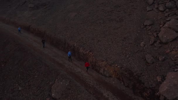 İzlanda 'da izole edilmiş araziyi araştıran dört kişi hava görüntüsü. İnsansız hava aracı, kayalık İzlanda çölünde turistlerin yürüyüş yollarına bakıyor — Stok video