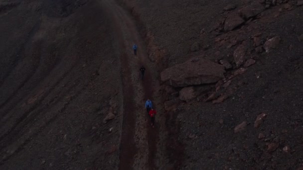 İzlanda 'da dört tane sırt çantalı gezgin yürüyüş yolu. Yukarıdan bakıldığında maceraperest insanlar izole İzlanda topraklarını keşfediyorlar. — Stok video