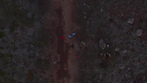 Vista aérea aves ojo de cuatro personas amigos caminando desierto rocoso en tierras altas de hielo. Vista de drones de arriba hacia abajo del sendero turístico que explora la naturaleza — Vídeo de stock