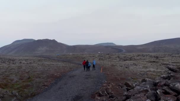 Letecký pohled na turisty objevující islandskou krajinu. Dron pohled čtyři lidé turistické horolezectví pěší turistika v icelandic nordic highlands — Stock video