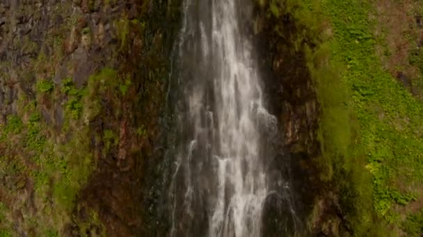 从空中俯瞰无人驾驶飞机在令人惊叹的塞尔贾兰多斯瀑布上垂直飞行，这是冰岛最重要的瀑布之一。大自然的美丽。水鸟的眼睛从瀑布般的瀑布中倾泻而下，威力无穷 — 图库视频影像