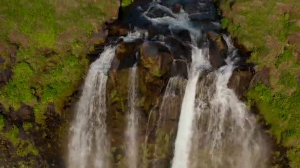 アイスランドで最も有名なカスケードであるアイスランドのSeljalandsfoss滝の空中ビュー。素晴らしいパノラマと壮大な滝を明らかに鳥の目を見てください — ストック動画