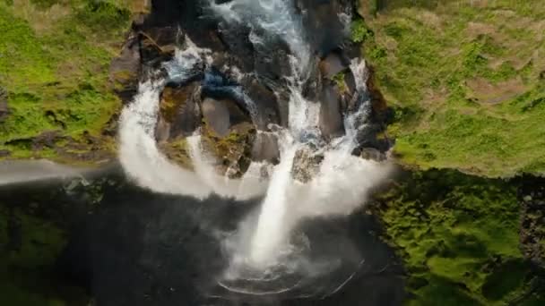 Drone vertical aéreo sobrevoando a incrível água caindo do penhasco musgoso da cachoeira Seljalandsfoss no sul da Islândia. Vista de cima para baixo da poderosa cascata em terras altas icelândicas — Vídeo de Stock