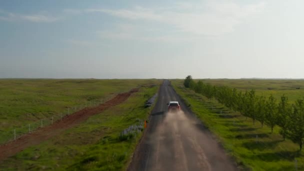 Vista aérea voando em direção a carro aventureiro dirigindo em Ring Road, uma estrada nacional que corre ao redor da Islândia e conecta a maioria das partes habitadas do país. Vista drone comercial — Vídeo de Stock