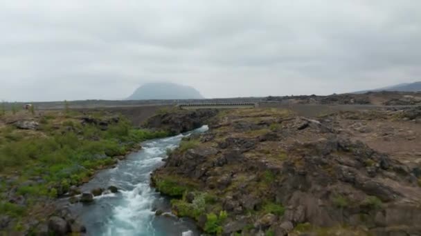 ドローンビュー岩の形成河床に流れる川と、アイスランドの素晴らしい野生の田舎を表示します。強力な川が流れる孤立した冒険的なアイスランドの高地の空中風景 — ストック動画