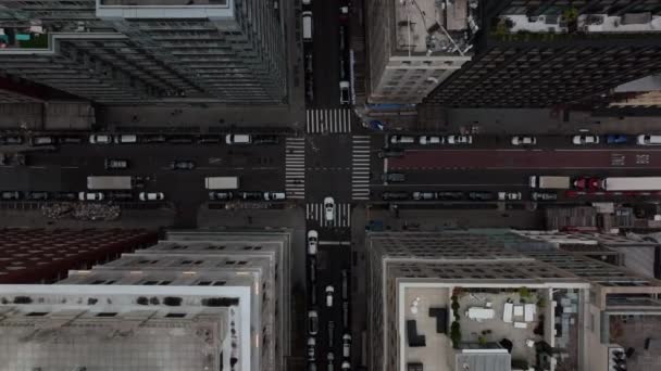 공중에 떠 있는 새들은 높이 솟은 도시 건물 들 사이에 있는 대칭적 인 교차 로를 자동차들 이지 나가는 모습을 머리 위에서 내려다볼 수있습니다. Manhattan, New York City, USA — 비디오