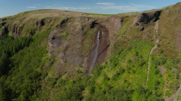 鸟瞰着新鲜的绿景、雪白的草地和瀑布.俯瞰冰岛长满青草的高地的美景.乡村风景秀丽 — 图库视频影像