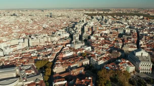 Flygfoto panoramautsikt över stadsutveckling i ljus eftermiddagssol. Flervåningshus i centrum. — Stockvideo