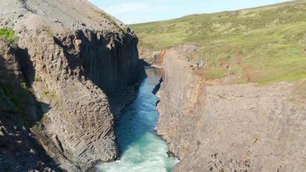 Letecký pohled na řeku Jokulsu protékající sloupy sopečných čedičových útvarů v kaňonu Stuolagil na Islandu. Pohled na říční proud ledovcové vody v národním parku Vatnajokull — Stock video