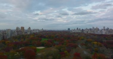 Sonbahar parkının üstünde uç. Central Park 'ın çevresi binalarla çevrili renkli yapraklar. Manhattan, New York City, ABD
