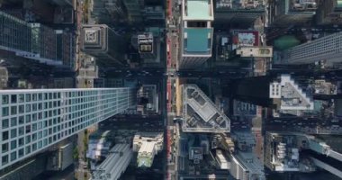 Gökyüzü kuşları tepeden aşağı, şehir merkezindeki yüksek binalara bakıyor. Yükseklikten şehrin inanılmaz manzarası. Manhattan, New York City, ABD