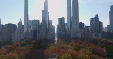 Parktaki güzel renkli ağaçların üzerinde ileriye doğru uçar. Uzun, modern gökdelenlerden oluşan bir gruba doğru gidiyor ve aralarında uzun bir yol var. Şehirde sonbahar. Manhattan, New York City, ABD