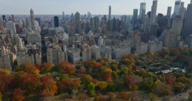 Sonbahar Central Park 'ındaki yüksek açılı binaların görüntüleri. Manhattan, New York City, ABD