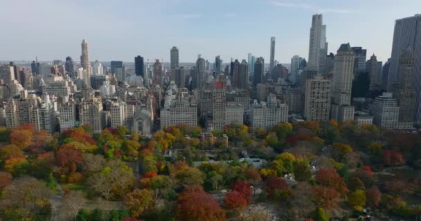 Aerial panoramic view of skyscrapers surrounding Central park. Colourful autumn foliage. Manhattan, New York City, USA — Vídeo de Stock