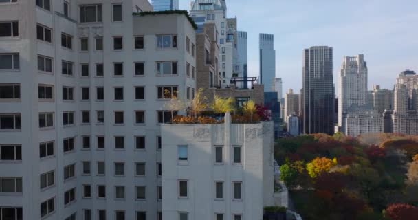 Slide and pan footage of colourful plants on terrace in top stories of building. High rise buildings and autumn colour trees in park. Manhattan, New York City, USA — Stock Video