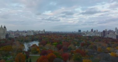 Sonbaharda Central Park 'taki muhteşem renkli ağaçların üzerinde uç. Göl ve yürüyüş yolları olan büyük bir şehir parkı. Manhattan, New York City, ABD