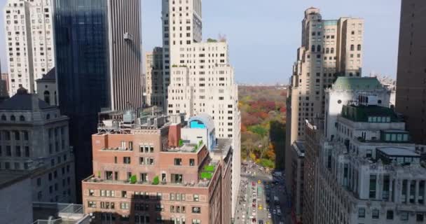 Vorwärts fliegen zwischen Hochhäusern in der Innenstadt. Offenbarender Blick auf den herbstlichen Central Park. Manhattan, New York City, USA — Stockvideo