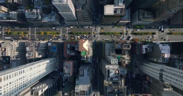 Os pássaros aéreos olham em cima de cima para baixo vista de blocos de vários edifícios na cidade. Tráfego em ruas e avenidas. Manhattan, Nova Iorque, EUA — Vídeo de Stock