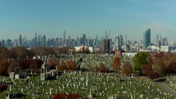 Forwards fly above historic Calvary Cemetery. Old tombstones on green lawn between autumn coloured trees. Skyline with Manhattan skyscrapers. Queens, New York City, USA — Stock Video